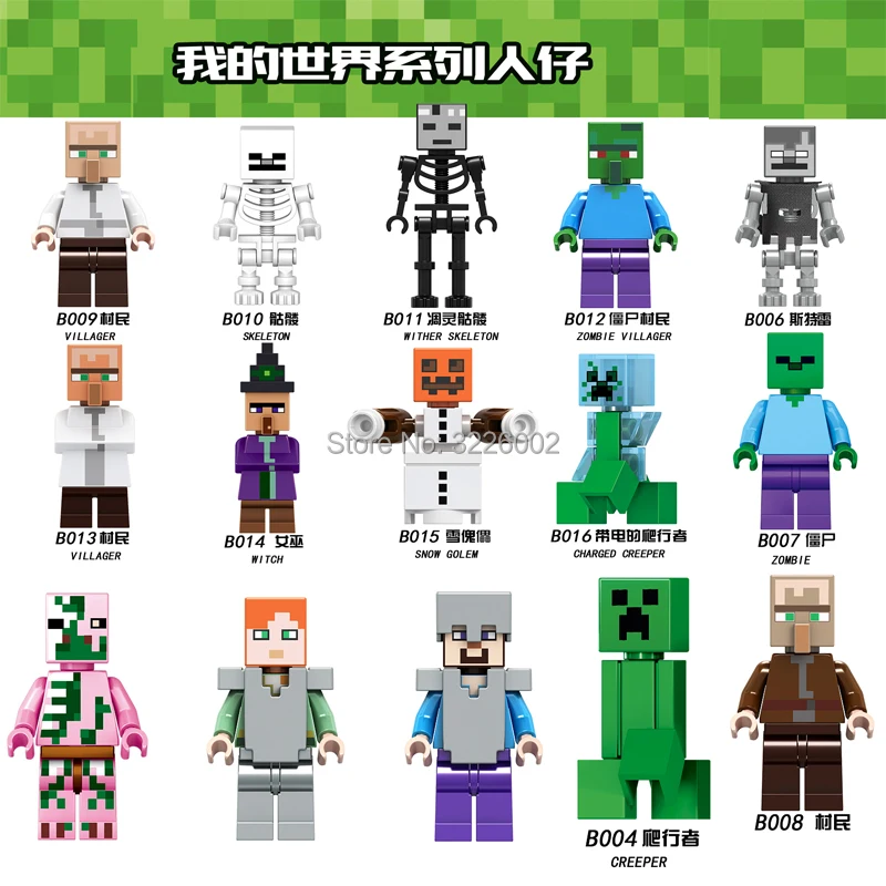 

For Legoing DIY Minecrafted Bricks Style mini Zombie skeleton Steve Model Bricks Building Blocks Toys figures legoing villager