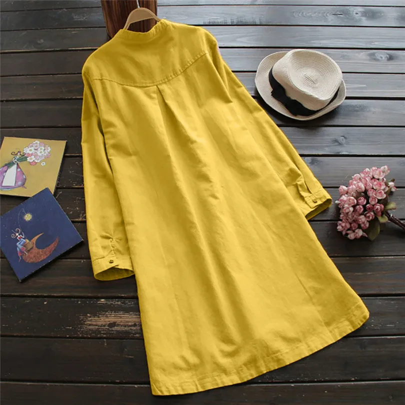  Women Summer Retro Long Sleeve Fashion Casual Shirt Dress Loose Button Tops Blouse Brief Daily Mini Shirt Dress#4M09 (11)