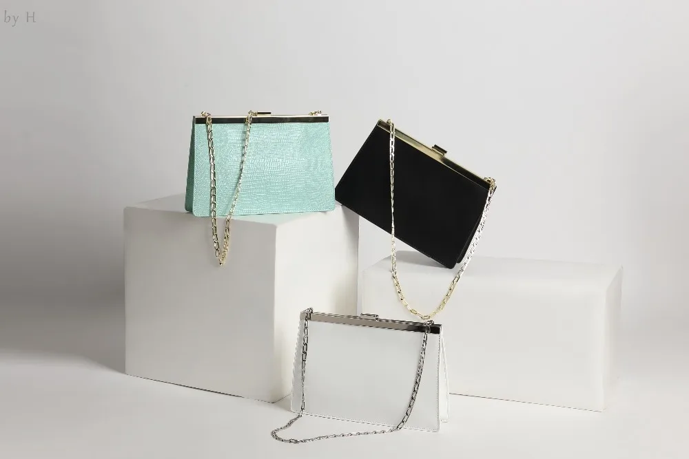 

by H vintage 50' style women luxury designer Lizard-Embossed Leather Bag slim book shoulder bag metal chain effortless chic