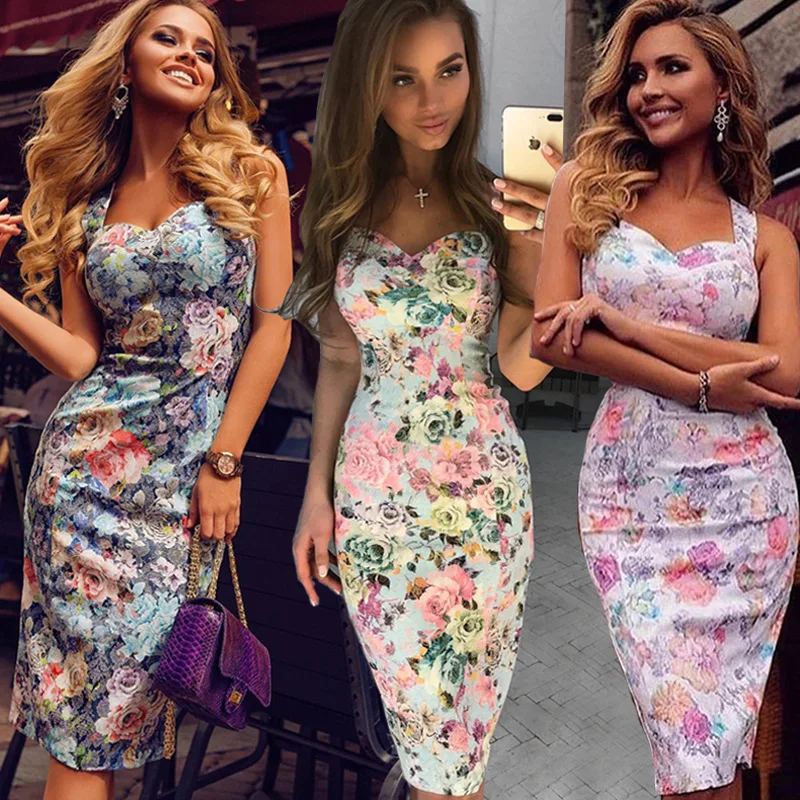 

2019 Summer Dresses Sexy Backless Off Shoulder Slim Party Dresses Vintage Floral Print Women Bodycon Office Lady Dress Vestidos