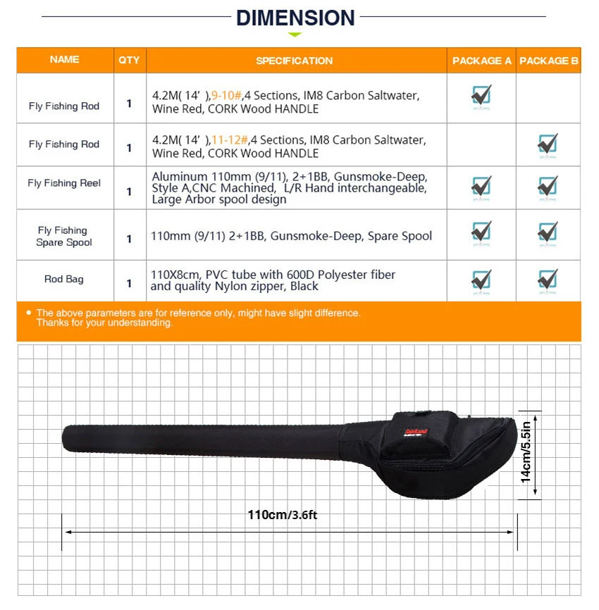 Carretel de Combinação com Haste Fly Fishing Combo Portátil Completo 9 e 10 11 e 12 4.2 m 14' 4 Seções Voar Vara Saco Grande Caramanchão Mosca Preta 8 ') 4 seções haste da mosca, grande