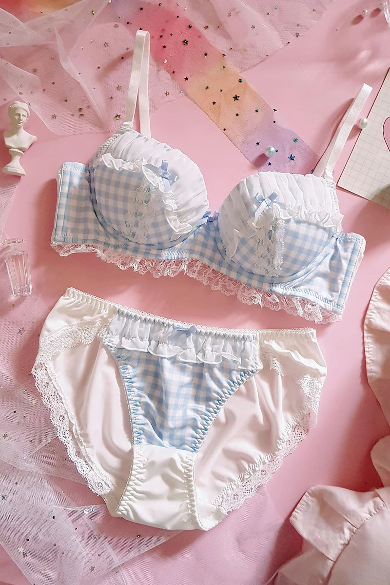 

Japanese underwear cute beautiful girl sweet grid bubble chiffon lace with steel ring bra sets soutien gorge femme biustonosz