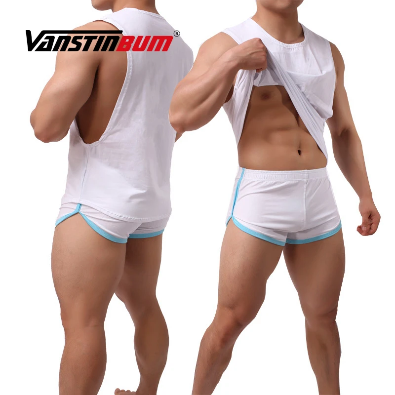 

VANSTINBUM Undershirt Mens Bodybuilding Gyms Fitness Vests Casual Sleeveless Breathable Large Split Cuff Tank Tops and Short Set
