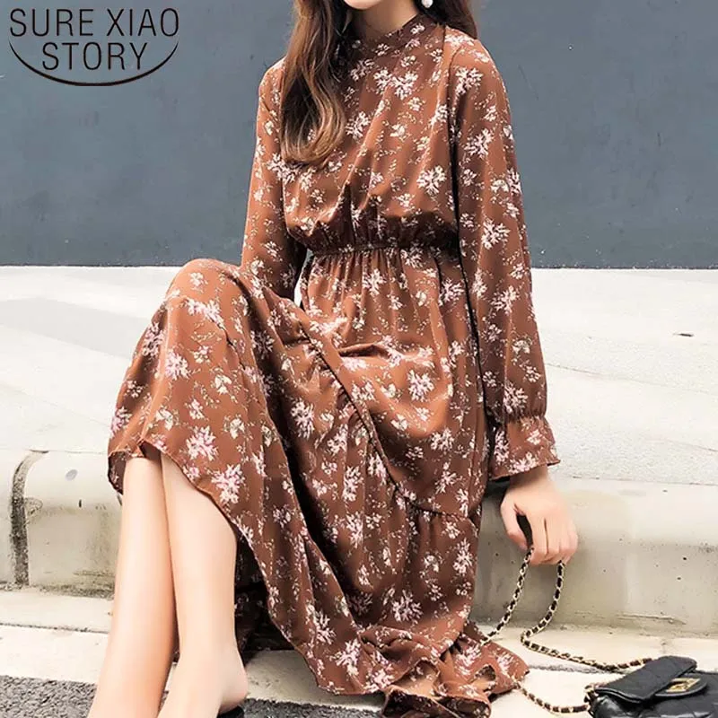 

Dress women 2019 elegant dress Print A-Line Empire Stand Spring chiffon dresses Flare Sleeve white and black dresses 3275 50