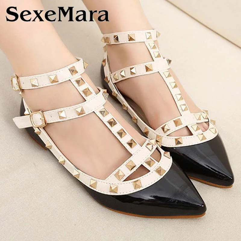 

Big Size 34-43 Rivet Women Flat Ankle Strap Sandals 2016 Summer Soft Leather Flats Weave Sandy Beach Handmade Shoes Woman