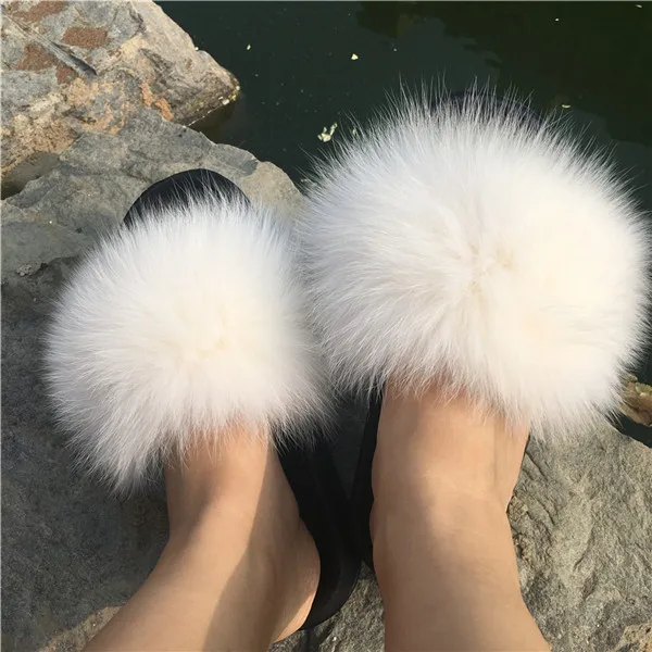 Beige Magicfur- натуральный мех лисы тапочки бежевые меховые сандалии сланцы уличные домашние плоские шлепанцы обувь Лисий Мех Аксессуары - Цвет: Beige