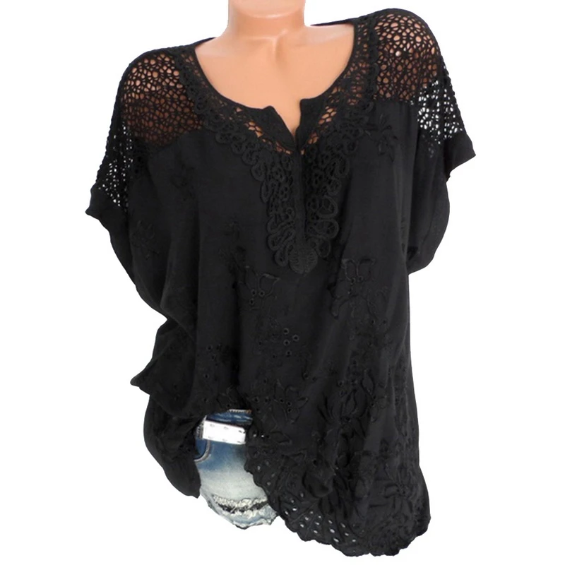 SHUJIN, модная летняя кружевная открытая женская блузка с коротким рукавом, повседневные свободные рубашки, топ, женская белая вязанная блуза - Цвет: Black
