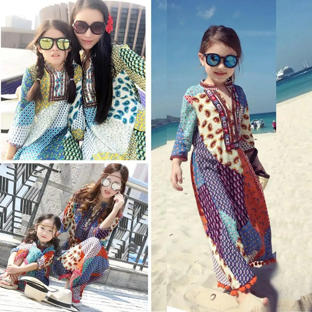 

Mom and Girl kid Suits Dress Bohemian Seven-Sleeve Long Dress for Travel Parent-child