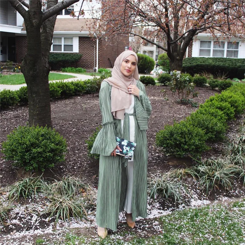 Мусульманин плиссированные Абаи Макси платье с расклешенными рукавами кардиган; юбка длинный халат Платья Туника Ближний Восток Рамадан