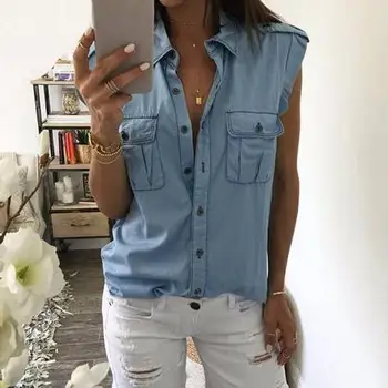 

New Fashion Women Jean/Denim T-Shirts Summer Sleeveless Turn-down Collar Chic Tops T-shirt Women Buttons Tops With Pockets