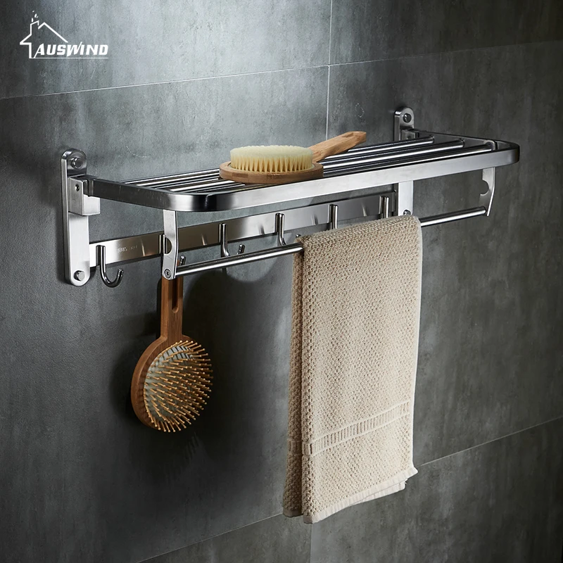 

AUSWIND Contemporary 304 Stainless Steel Towel Rack Silver Polished Fold Towel Shelf With Hooks Wall Mount Bathroom Accessories