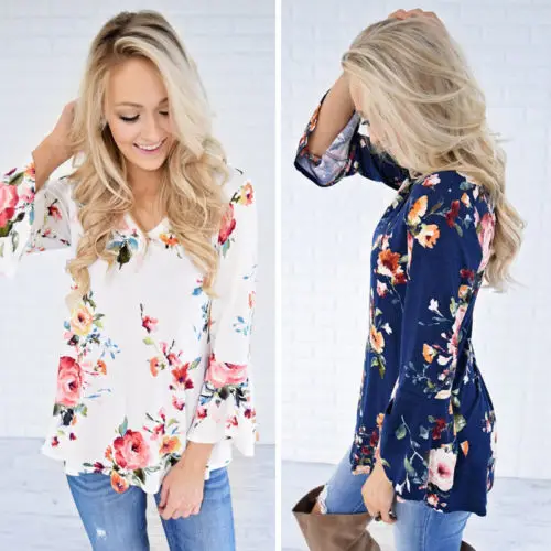Fashion Womens Casual Choker V Neck Floral Shirt Ladies