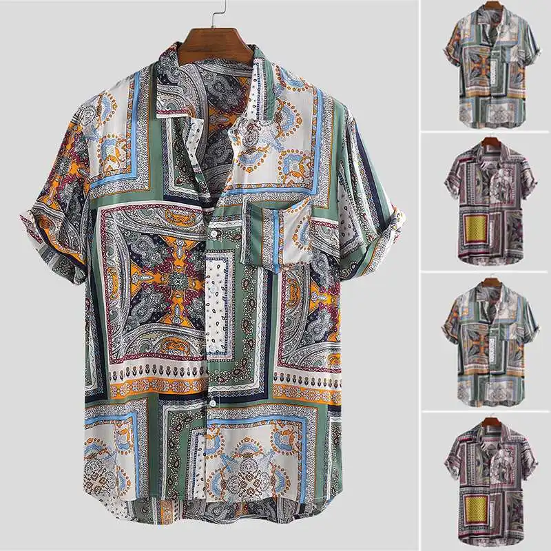 Summer Vintage Ethnic Style Men Shirt Loose Printing Button High Quality Short Sleeve Vacation Beach Hawaiian Shirts Camisa