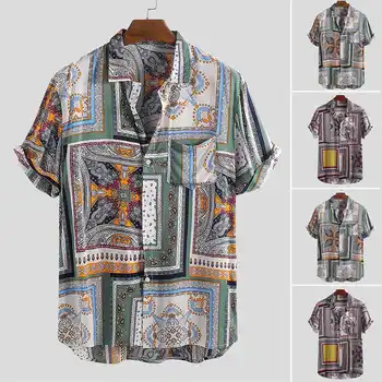 

2020 Summer Vintage Ethnic Style Men Shirt Loose Printing Button High Quality Short Sleeve Vacation Beach Hawaiian Shirts Camisa