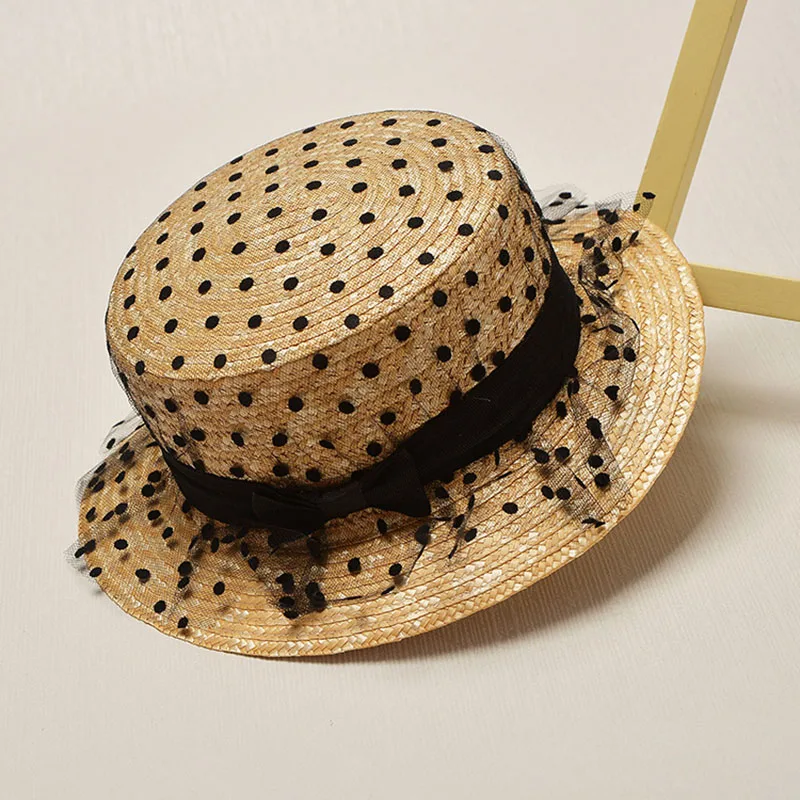 

Cute Child Girls Straw Bowknot Sun Hat Kids Large Brim Beach Summer Boater Beach Ribbon Round Flat Top fedora hat