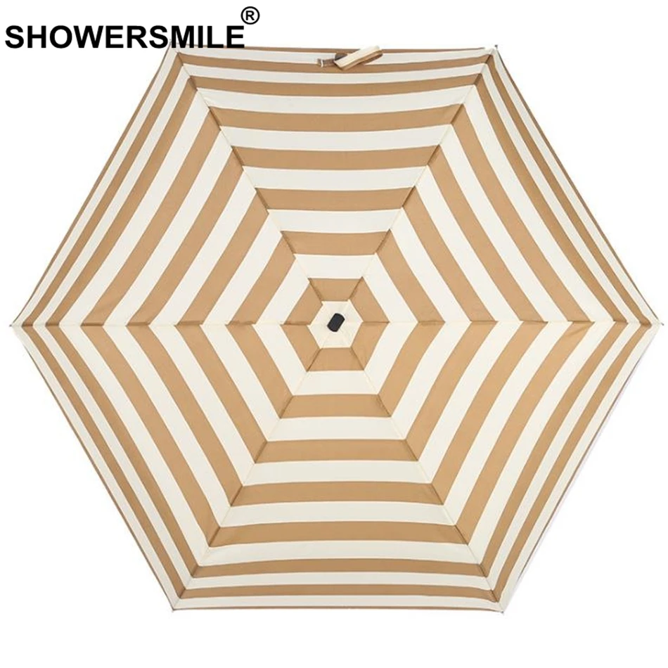 

SHOWERSMILE Pocket Umbrella Folding Women Brown Stripe Sunny And Rainy Umbrella Pongee Female Lightweight Mini Parapluie