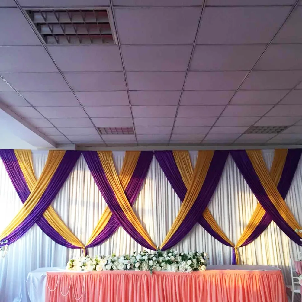 

Hot Sale White Wedding Backdrop Gold Purple Mixed Swag Drapes For 3mx6m Curtain Wedding Event Party Decoration