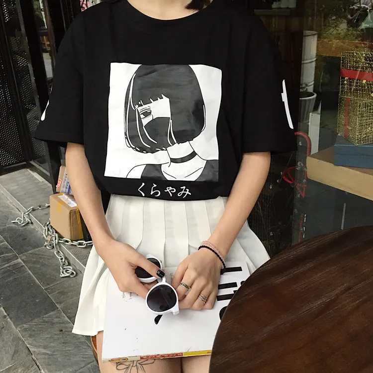 Корейский ulzzang Harajuku ретро принт короткий рукав Футболка Свободный японский короткий рукав милый женский хлопок мультфильм футболка