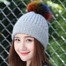 Женская шерсятная вязаня шапка с помпоном из натурального меха помпон шапка женская Зимняя шерстяная Осенняя вязаная шапочка с меховым помпоном женская теплая Толстая меховая шапка с помпоном