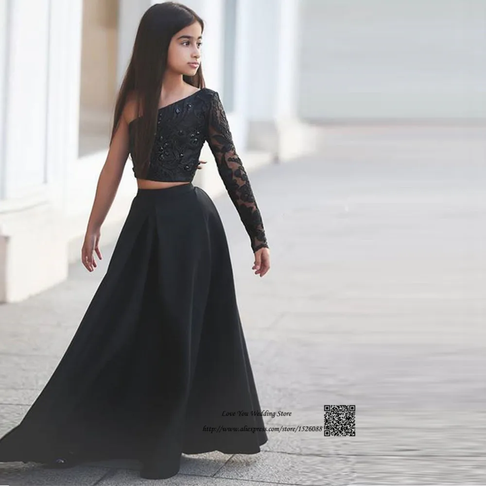 

Black Two Piece Girls Pageant Dresses Long Sleeve First Communion Dress for Girls Lace One Shoulder Cheap Flower Girl Dress