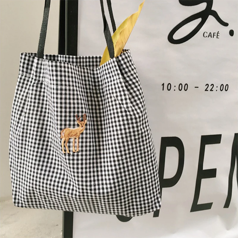 

Youda Vintage Girl Cute Decorative Plaid Canvas Bag Embroidery Patch Portable Shopping Bags