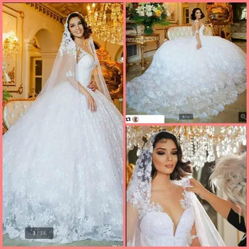

2016 attractive-wholesale ball gown white lace princess wedding dress half sleeve scoop neck plus size puffy bride gowns