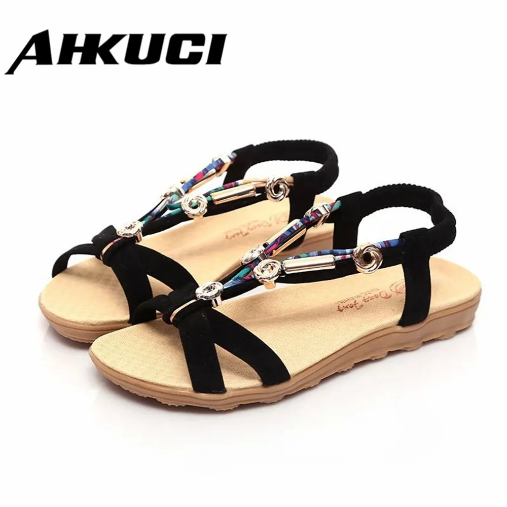 New Summer 2017 Bohemian Women's Beach Shoes Flat Elastic Beaded Sandals Shoes|women beach shoes 