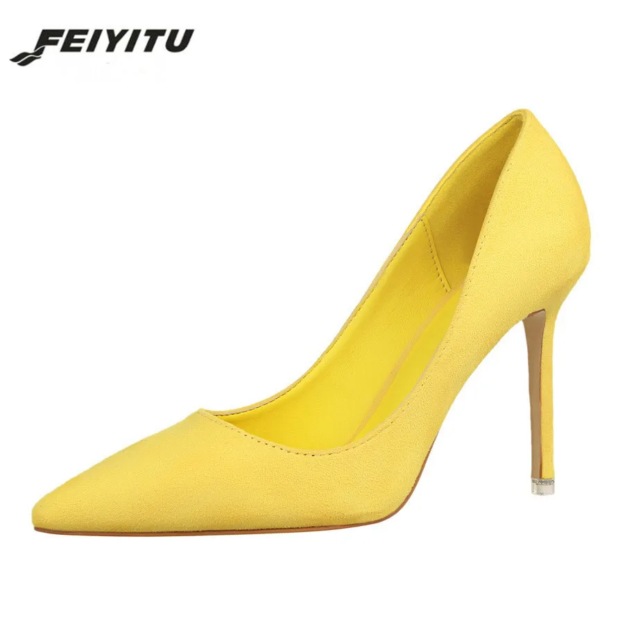 

Feiyitu Spring Women Pumps High Heels Shoes Suede Fashion Flock Sexy high-heeled Slim Pointed OL Female Office Shoes size 34-39