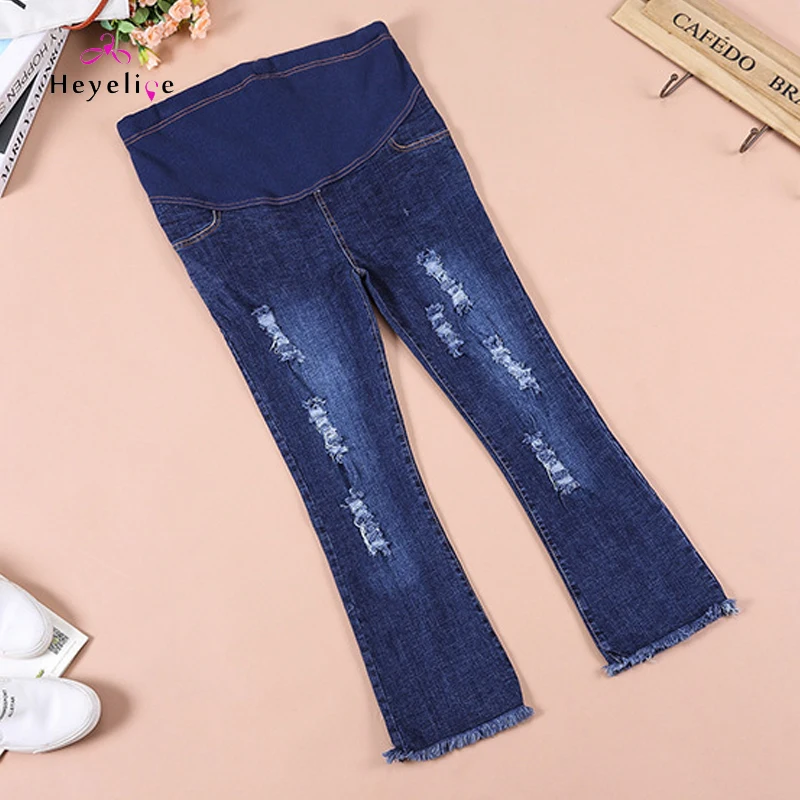 

Fashion Hole Maternity Jeans Pregnant Women Autumn Ripped Jeans High Waisted Elastic Abdomen Maternity Trousers New Cotton Jeans