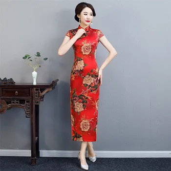

Silky Satin Oriental Women Print Floral Cheongsam Plus Size 3XL 4XL 5XL Elegant Evening Party Dress Vintage Ankle-Length Qipao