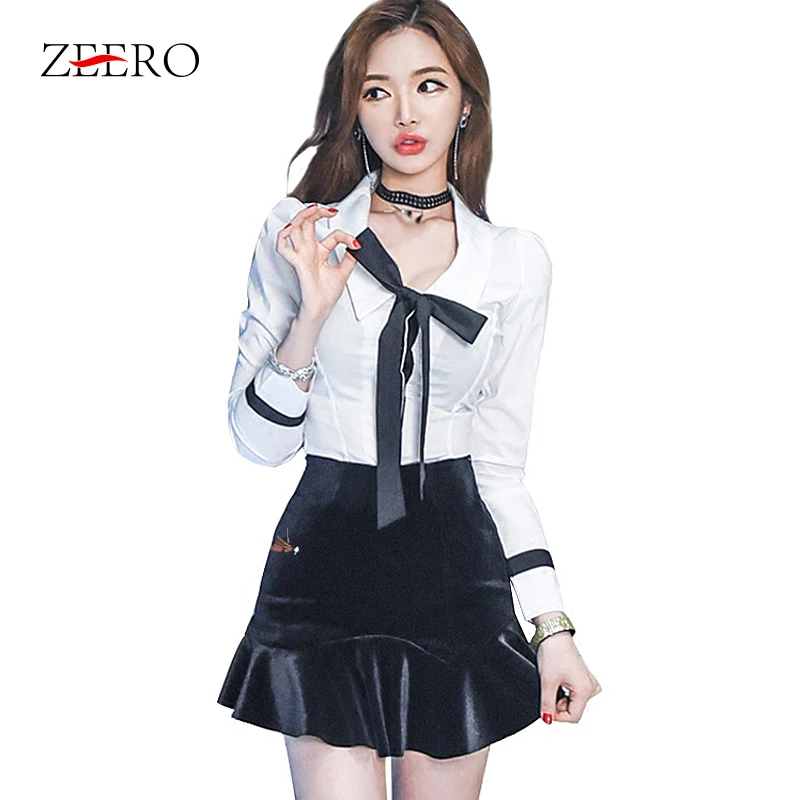 

2019 Spring White Blouse Shirt Bowknot Black Ruffles Top + Fishtail Velvet Bodycon Culottes 2 Piece Set Sexy Club Suit Pantdress