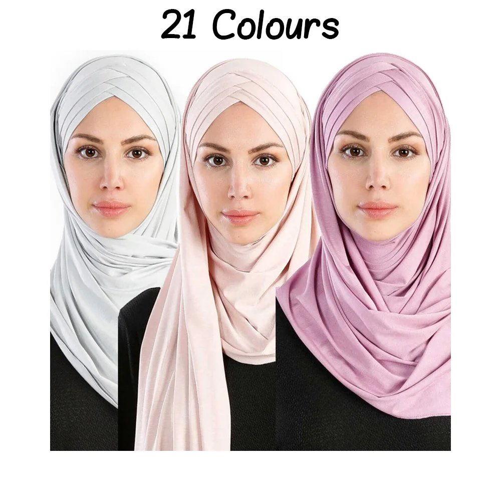 

21 Colours Women Muslim Solid Jersey Scarf Long Headscarf Cover-up Hat Wrap Modesty Turban Cap Instant Underscarf Ready to wear