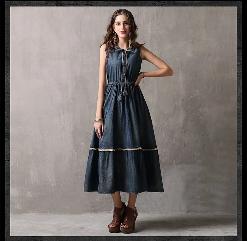 Vintage Summer Tank Dress 2018 Casual High Waist Denim Vestidos O-Neck Swing Hem A-line Elegant Sundress Dress Female K82106 (13)