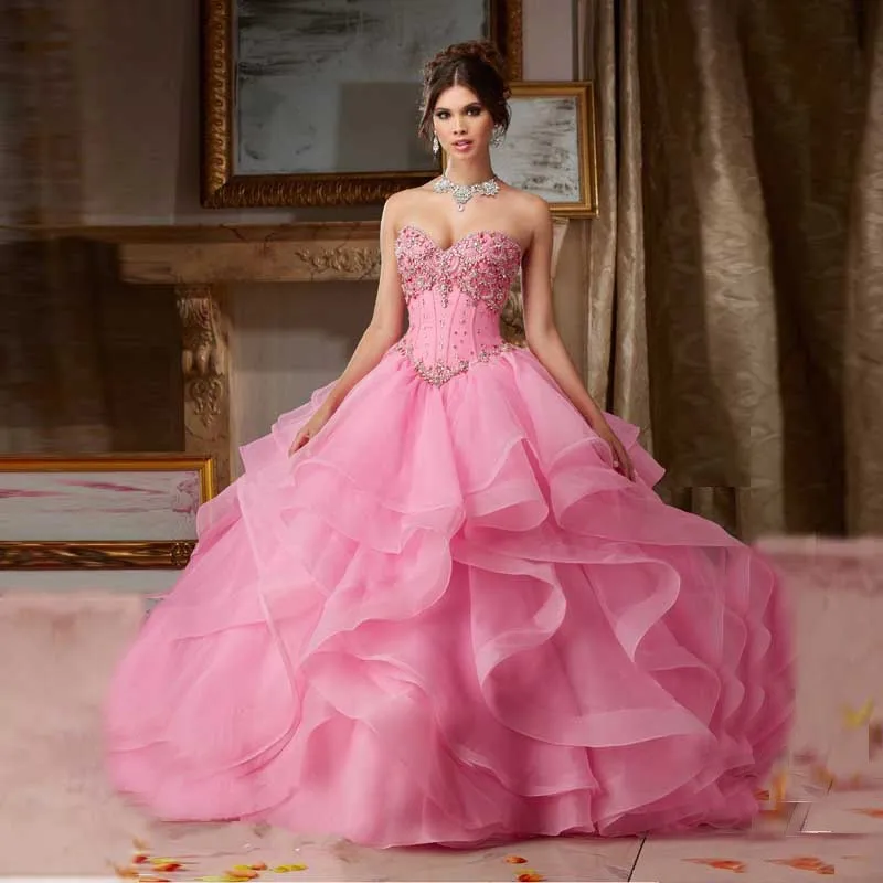 

Pink Sweet 15 Dresses Crystal Beading Corset Pink Quinceanera Dresses with Jacket Organza Debutante Ball Gown Vestido 15 Anos