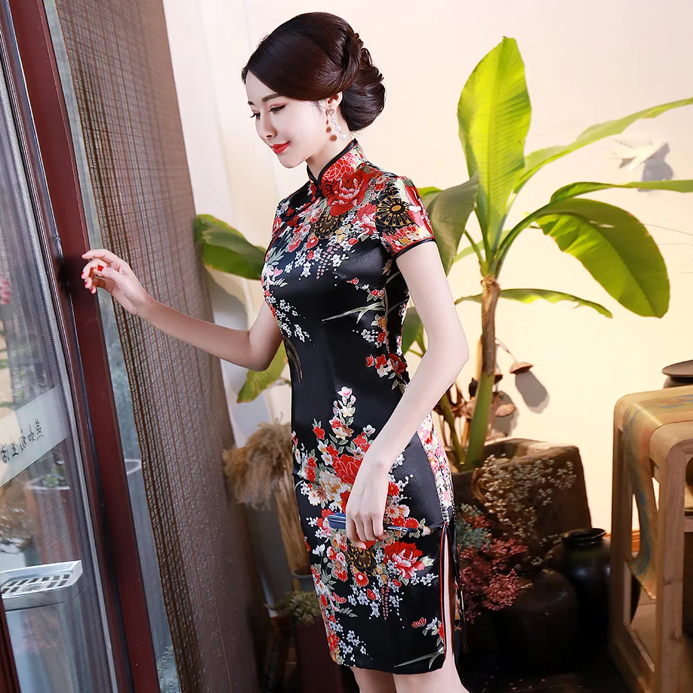 Элегантный цветочный принт женское короткое тонкое сексуальное китайское традиционное платье Чонсам с высоким разрезом плюс размер вискоза Qipao Vestidos S-6XL