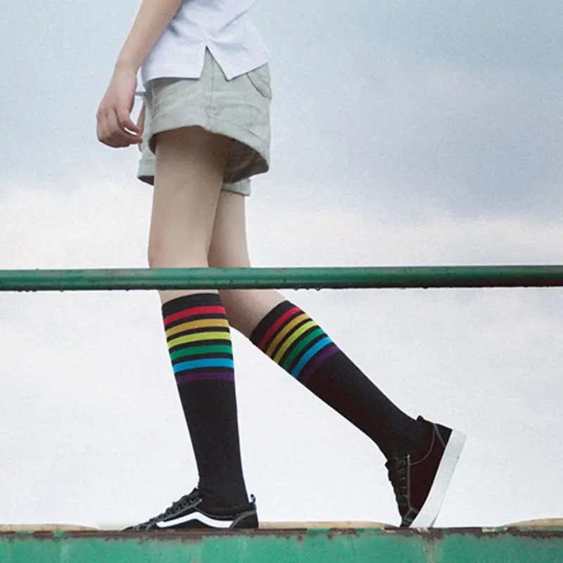 

Women Girl Korean Rainbow Horizontal Striped Knee Length Long Socks Preppy Style Harajuku Student Sports Jacquard Cotton Hosiery
