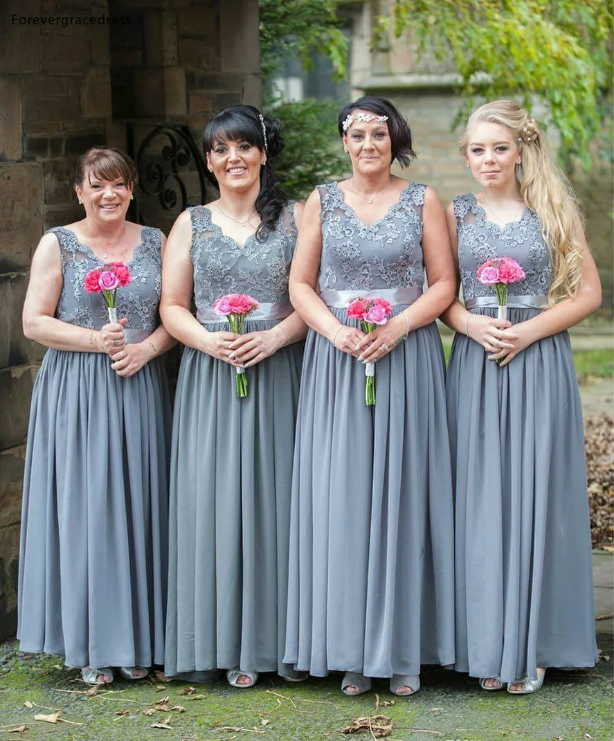 Ink Blue Bridesmaids Dresses Country Bohemian Wedding Guest Party Evening Gowns A Line Lace Top V Neck Chiffon Long Maid of Honor Wear  95 (4)