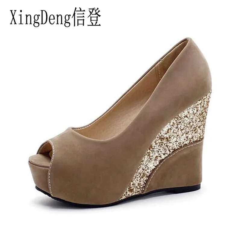 

XingDeng Fashion Ladies PeepToe Mixed Color Suede Party High Heel Shoes Women Spring Style Platform Wedge Daily Pumps Shoes
