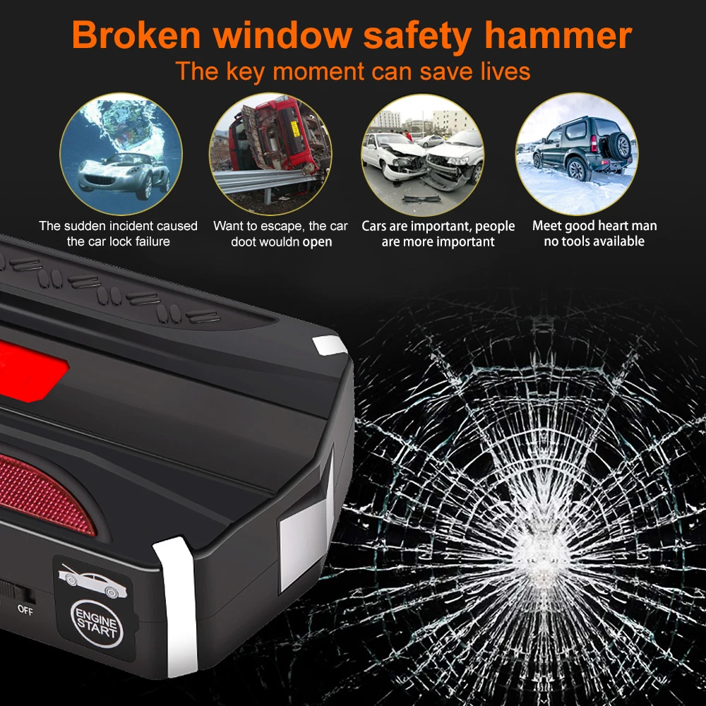 Bluavido 68800mAh Emergency Car Jump Starter 12V Portable Multi-function Rechargable Power Bank SOS LED LIGHT Safety Hammer