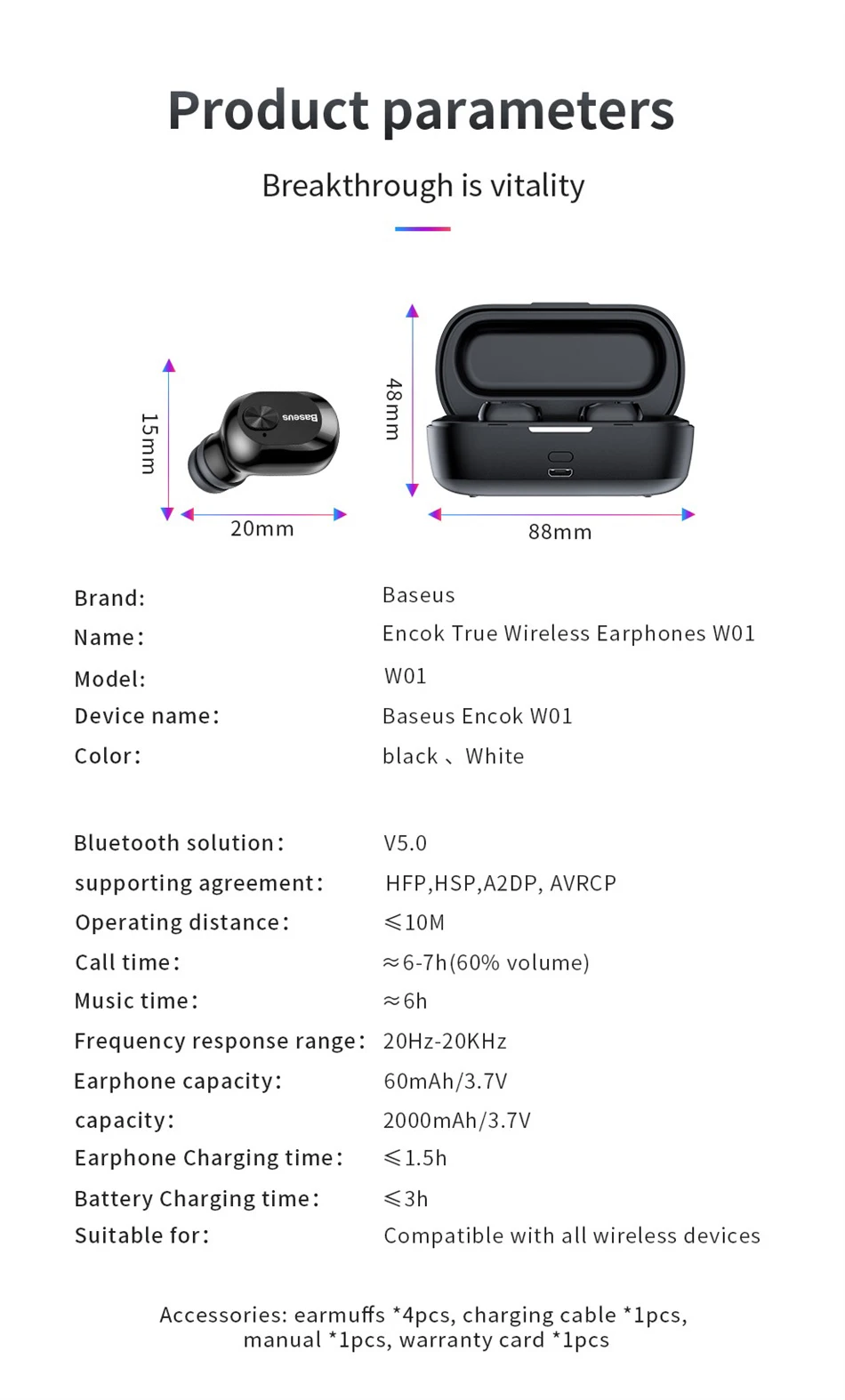 Baseus Bluetooth наушники 5,0 беспроводные Bluetooth наушники стерео Бас W01 TWS Беспроводные наушники с микрофоном для телефона
