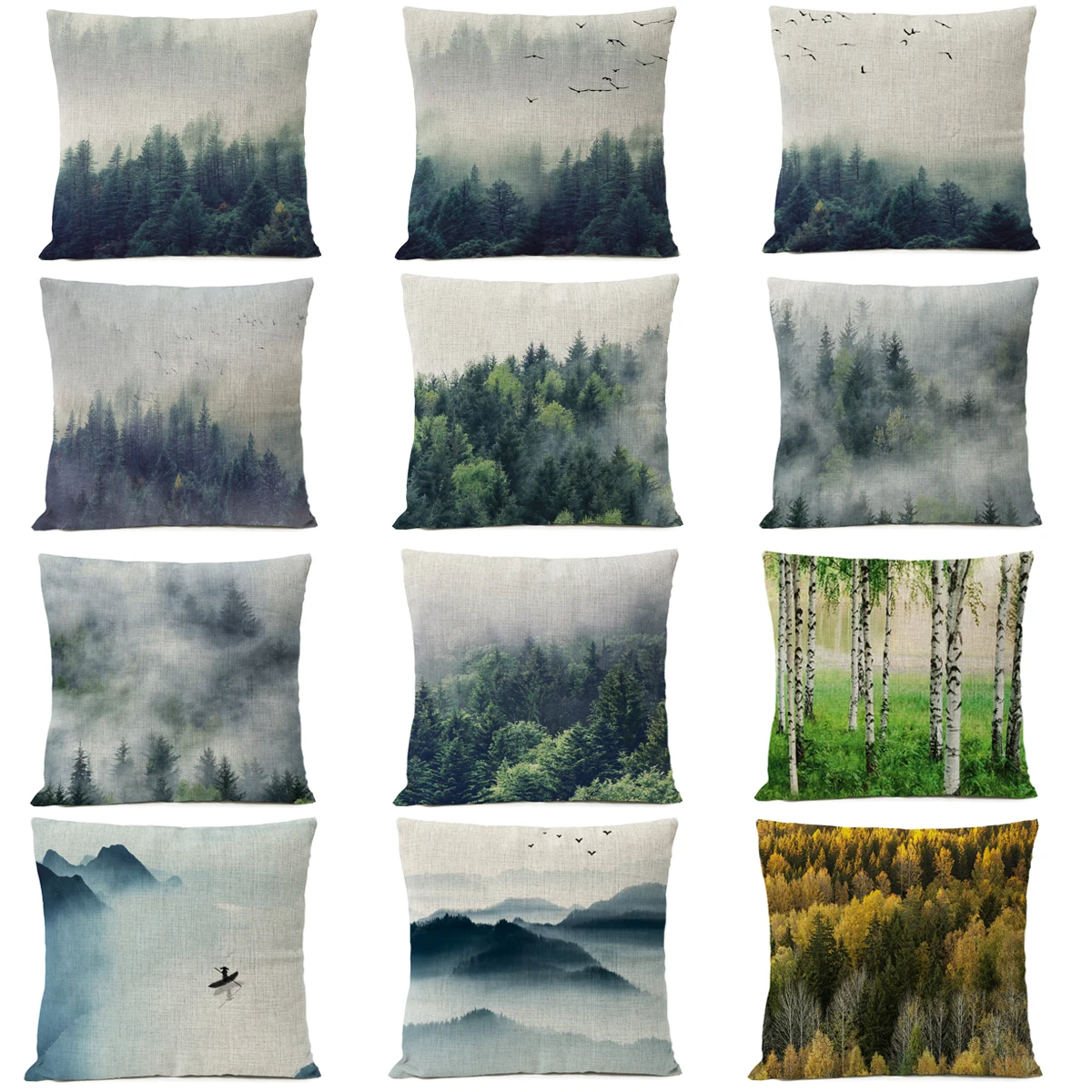 Nordic Green Forest Lanscape Pillow Cover Home Decorative Pillows Bird Ink Tree Linen Pillow Case Cushion Cover Cojines Almofada