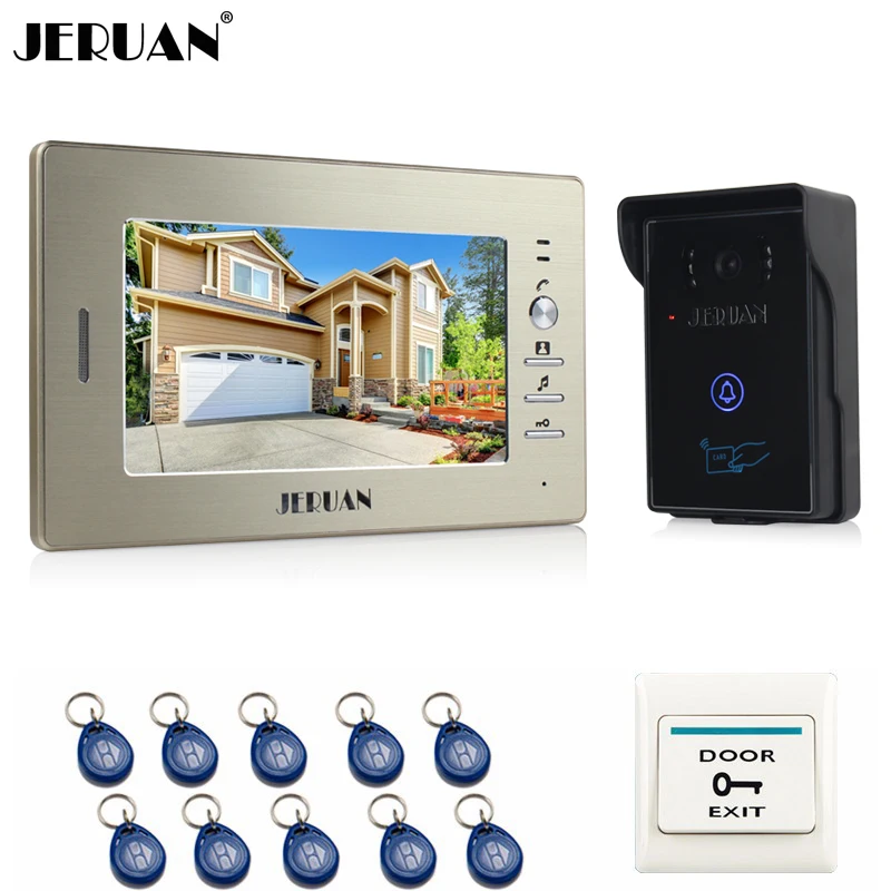 

JERUAN Doorbell intercom system 7 inch Video door phone 1 monitor + RFID Access Waterproof Touch key IR Night Vision COMS Camera