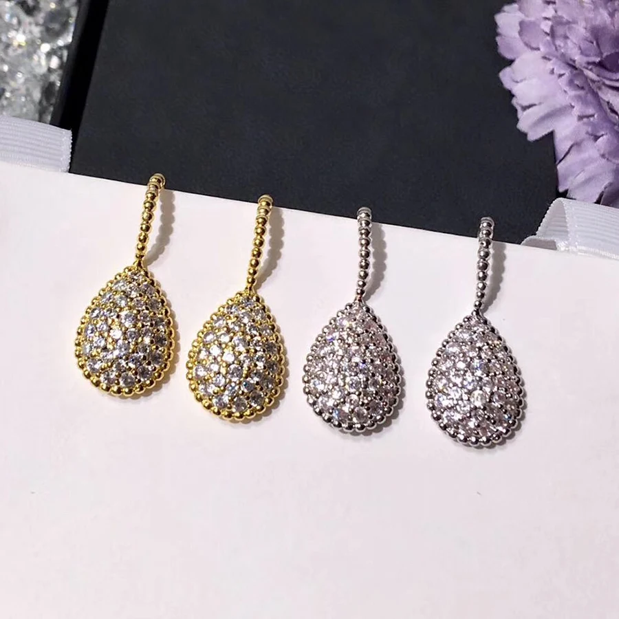 

Designer Jewelry For Women 2019 Fashion Earrings New Dangle Crystal Pear-shaped Stone Luxury Brand Gold 585 Silver Beads Bijoux