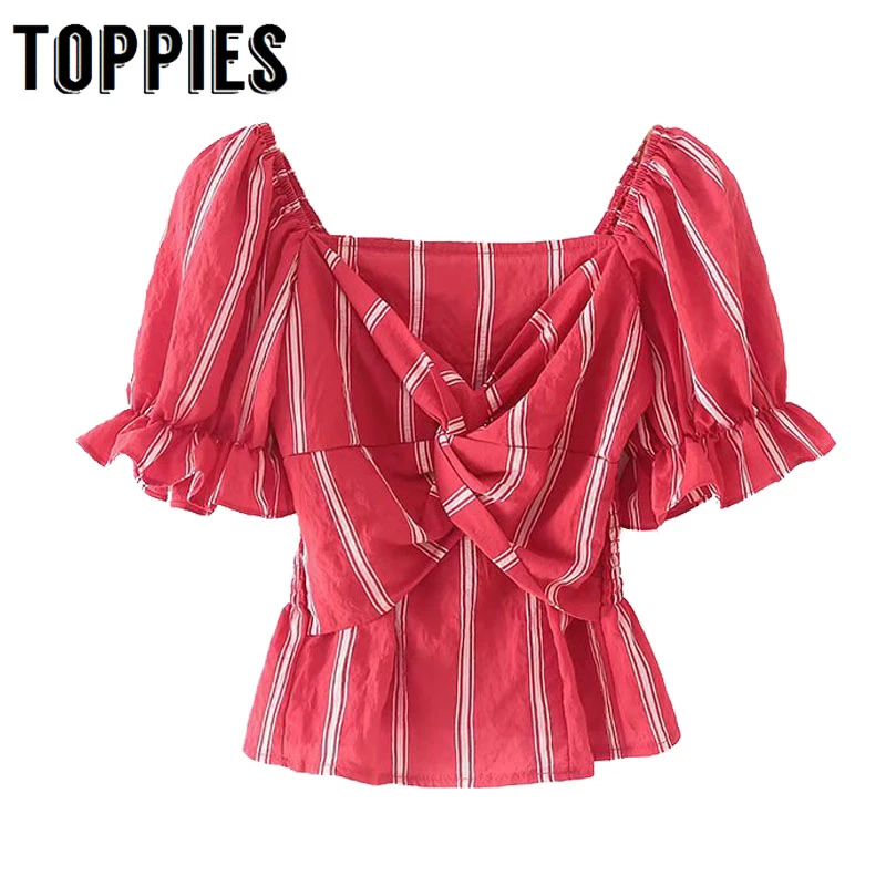 

2019 Women Knot Cross Striped Shirts Deep V Neck Women Blouses Sexy Ladies Tops Pink White Red Blouses