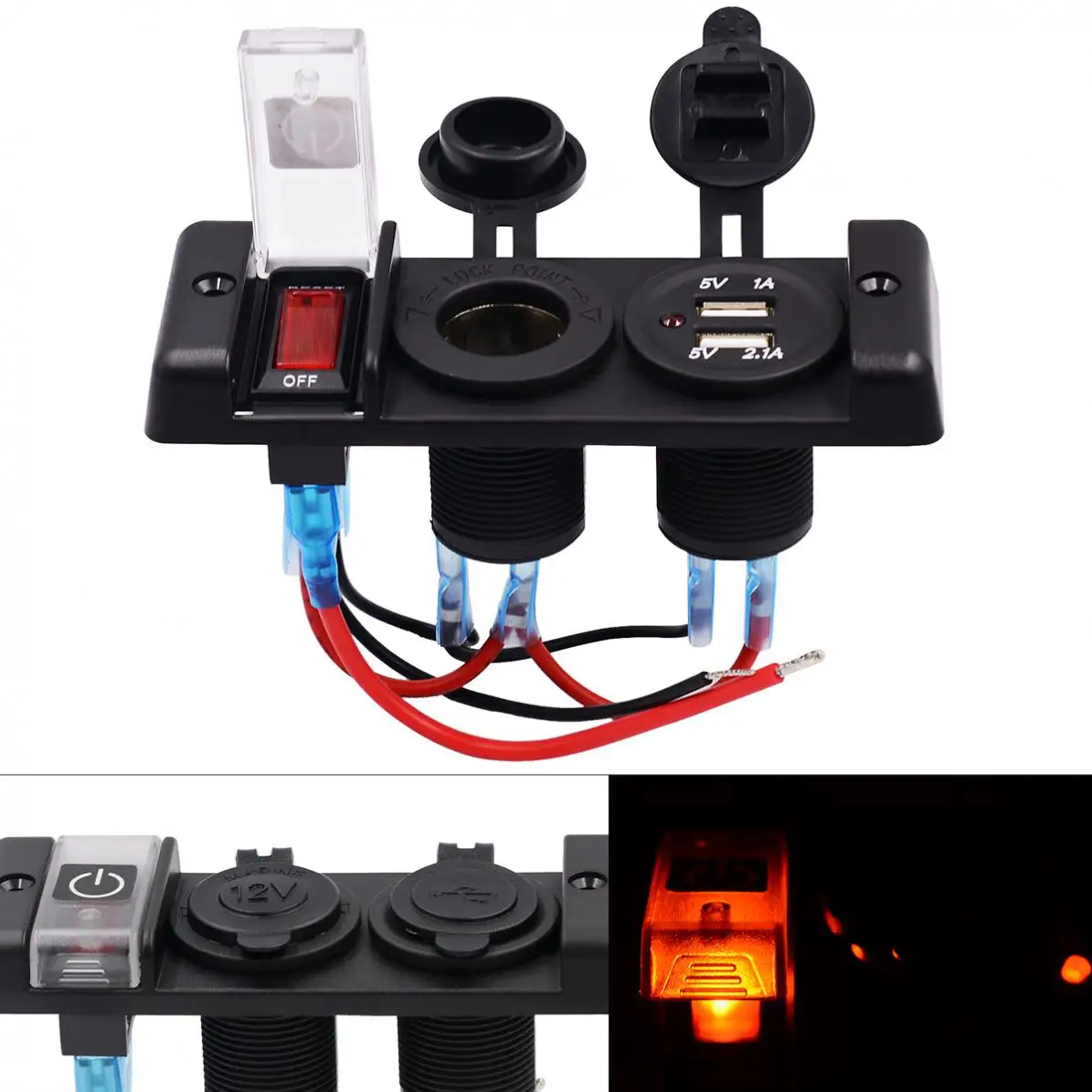 

12V IP66 16A Dual USB Car Charger Three Bit Power Control Switch Panel with Cigarette Socket for Automobile/RV/Yacht
