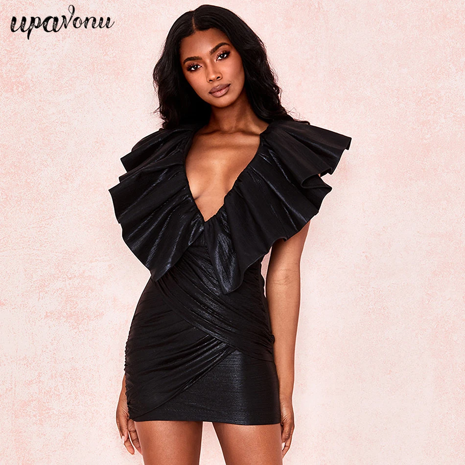 

2019 New Summer Women Dress Deep V Neck Draped Mini Black Dress Sexy Bodycon Elegant Club Celebrity Party Dresses Vestidos