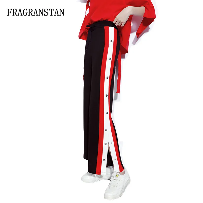 

2017 New Design Spring Summer Women Loose Striped Stitching High Waist Pants Elastic Wide Leg Split Side Buttons Long Pants LY21