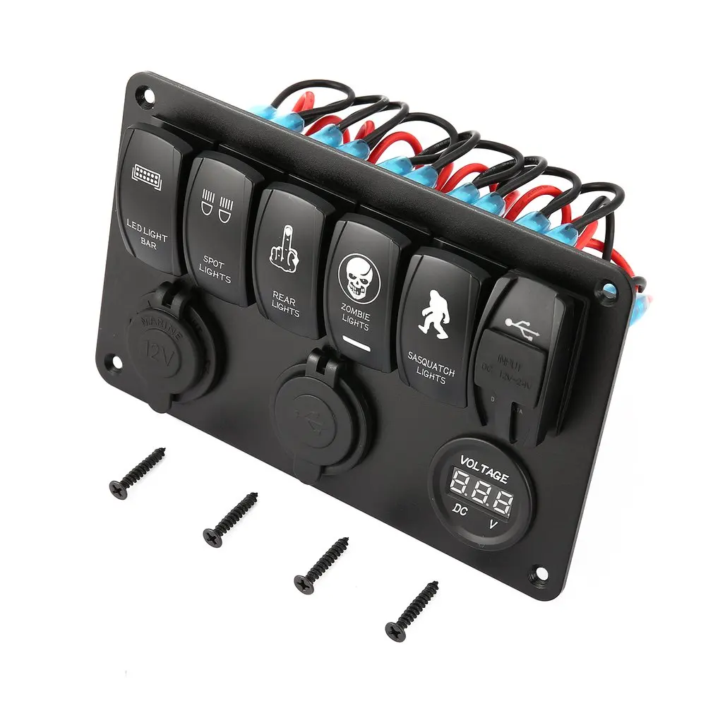 

5 PIN 6 Gang Car Marine Boat Caravan Led Rocker Switch Panel With Dual USB Charger Cigarette Socket 12v 24v Auto Switches