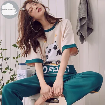 

Summer Knitted Cotton Cartoon Women's Pajama Set Nightgowns Pants Women's Pajama Sets Sweet Girls Sleepwear Lounge Home Fashion
