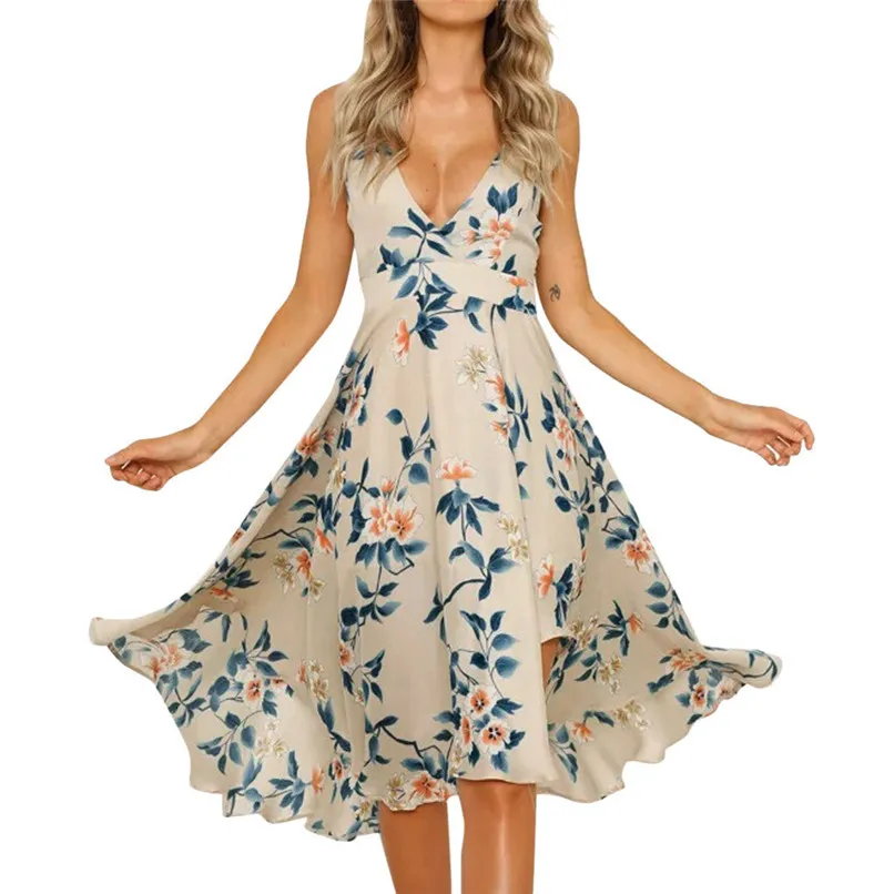 Women Summer Dress Backless Knot Sweet Deep V Neck Pocket Casual Sleeveless Mini Flower Pattern Dress For Ladies Girls 40MY10 (3)